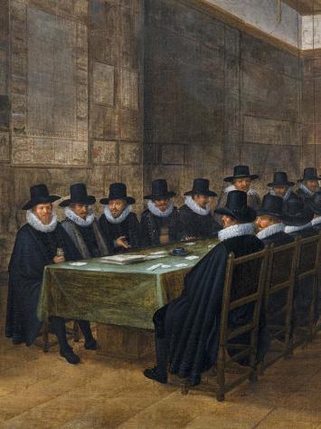 Een schilderij met sobere kleuren waarop een lange tafel te zien is met politici begin 17e eeuw die aan het vergaderen zijn met zwarte hoge hoeden en witte kragen
