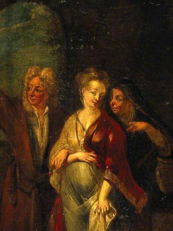 Een schilderij van een zwangere vrouw met twee mannen ernaast in de 18e eeuw